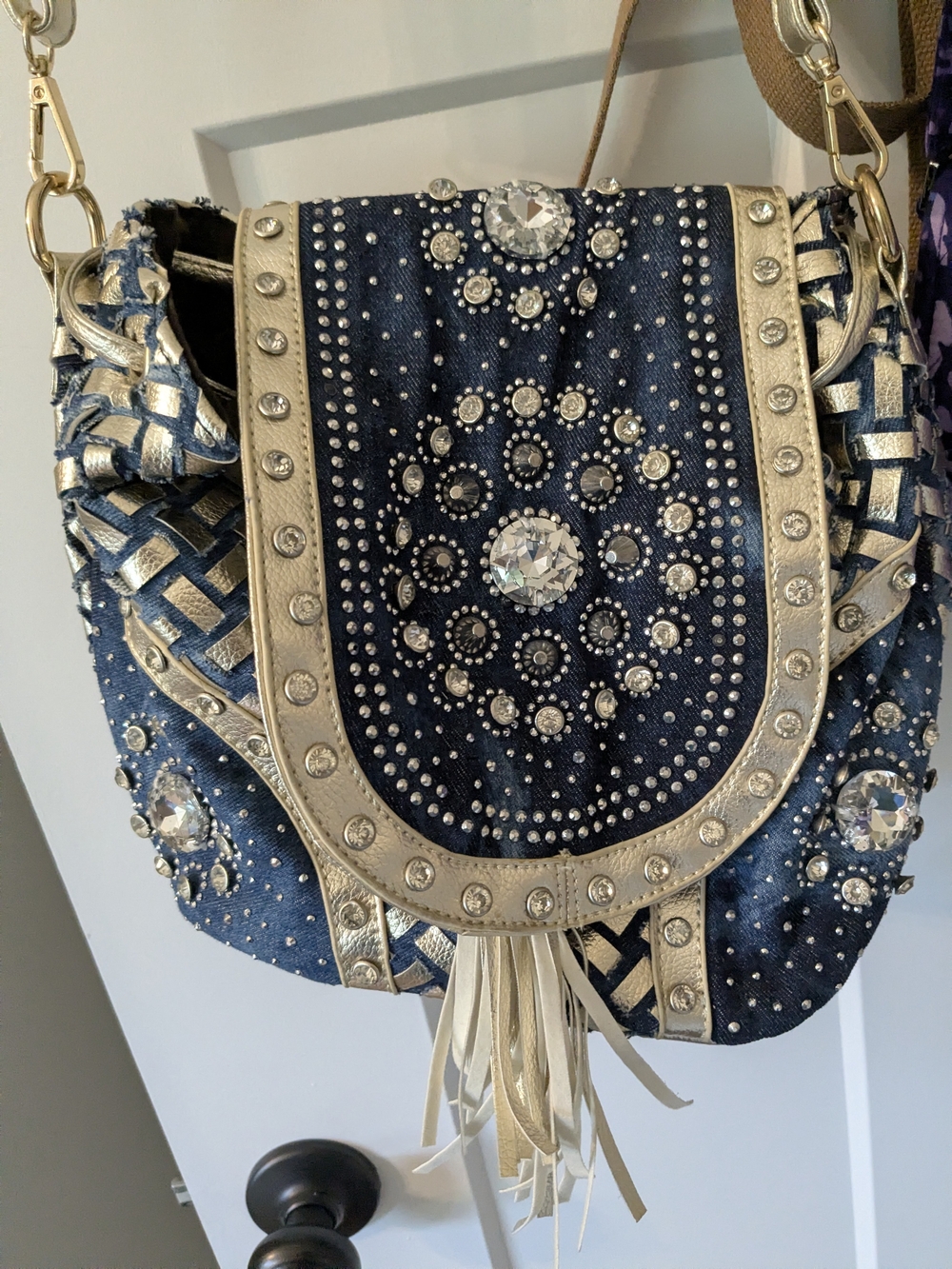 Embellished Navy and Gold Rhinestone Crossbody Bag